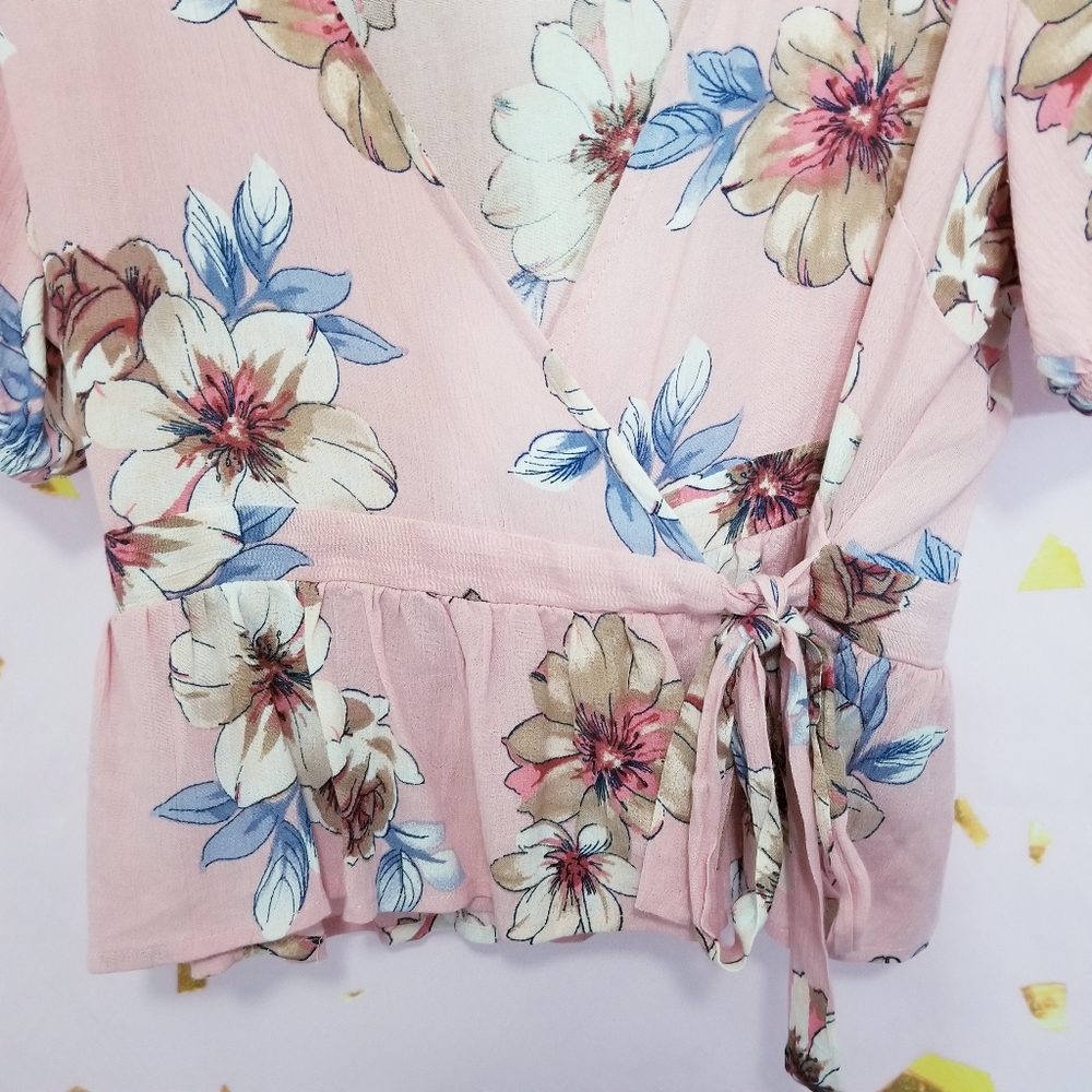 Boho Floral Tropical Side Tie Wrap Blouse Top - Picture 3 of 6
